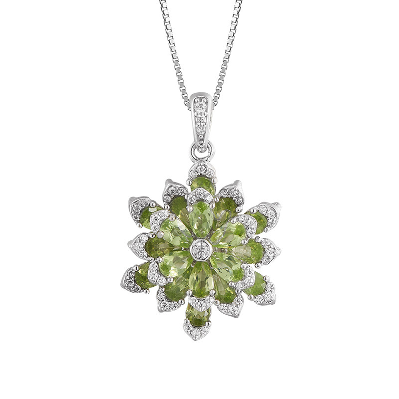 S925 Silver Peridot Flower Pendant Necklace