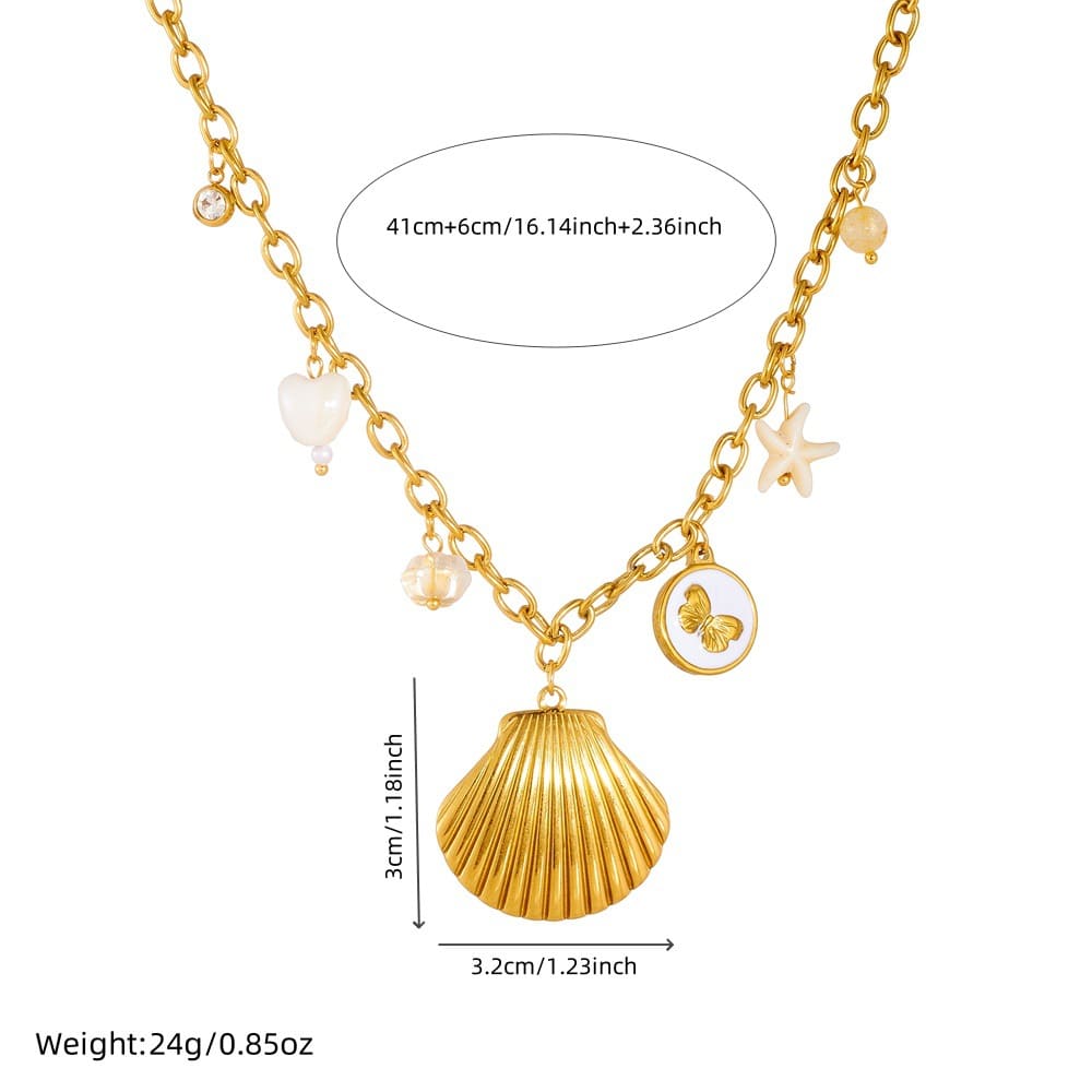 Gold Stainless Steel Necklace – Shell, Butterfly & Starfish Pendant