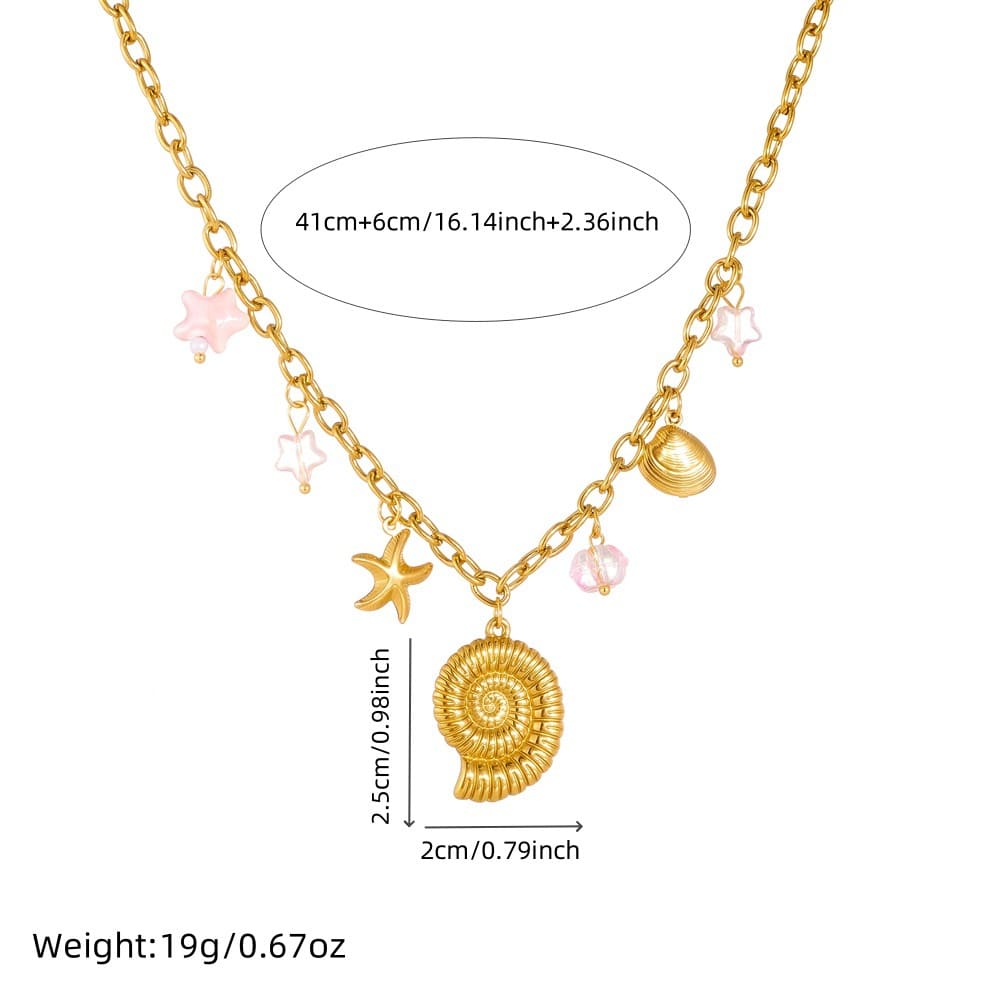 Starfish Charm Necklace – Gold Stainless Steel with Seashell Accents