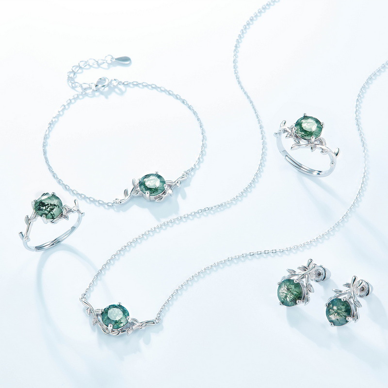 Moss Agate Silver Bracelet for Women | S925 Vintage Natural Stone