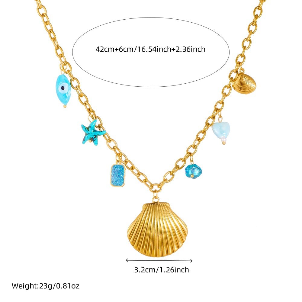 Beach Layering Jewelry – Blue Eye, Shell & Starfish Pendant Necklace
