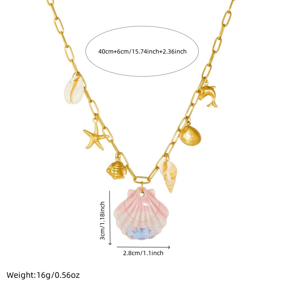 Colorful Scallop Necklace – Ocean-Inspired Gold-Plated Pendant with Starfish & Dolphin