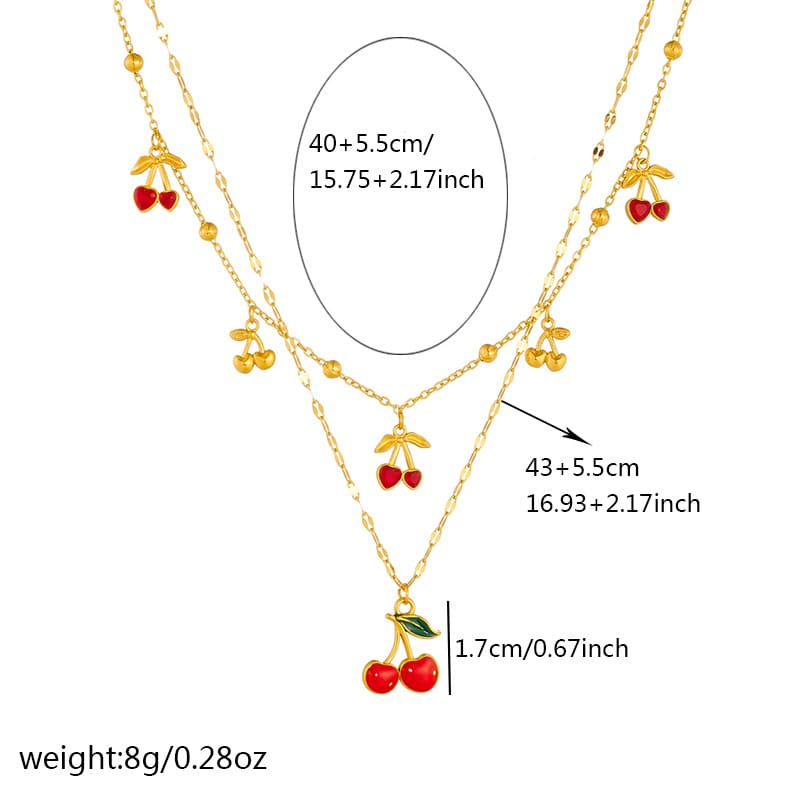 Cherry Pendant Necklace – Gold-Plated Stainless Steel Fruit Charm Layered Chain