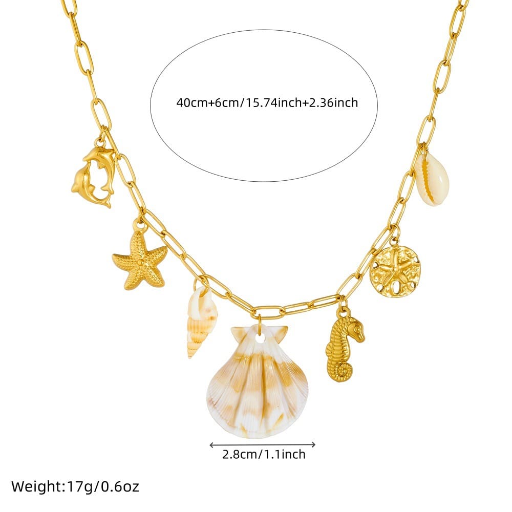 Gold Sea Necklace – Ocean Charm Pendant with Seahorse, Fish, Shell & Starfish