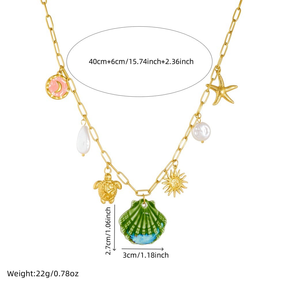 Green Scallop Necklace – Ocean-Inspired Pendant with Turtle, Starfish & Sun in Stainless Steel