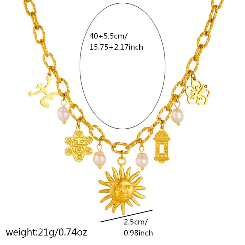Sun Charm Necklace – Gold-Plated Multi-Pendant Chain with Floral & Pearl Accents