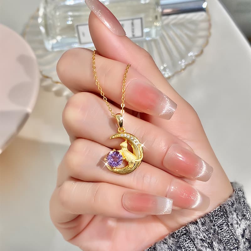 Moon Cat Necklace – S925 Silver Natural Gemstone Pendant | Blingku
