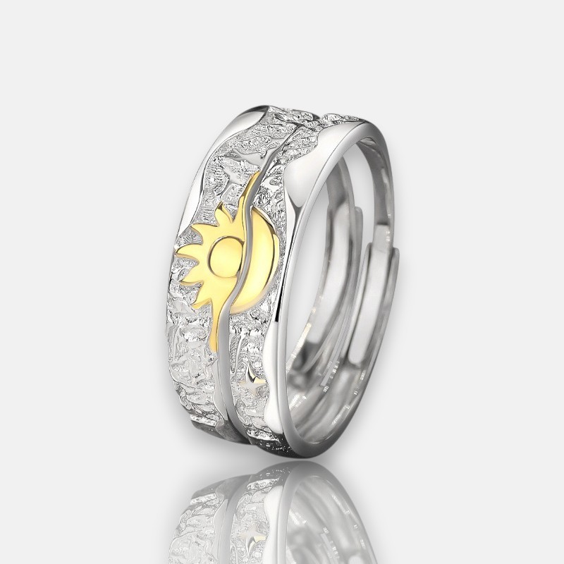 Sun and Moon Matching Rings – 14K Gold Plated Sterling Silver Couple Rings