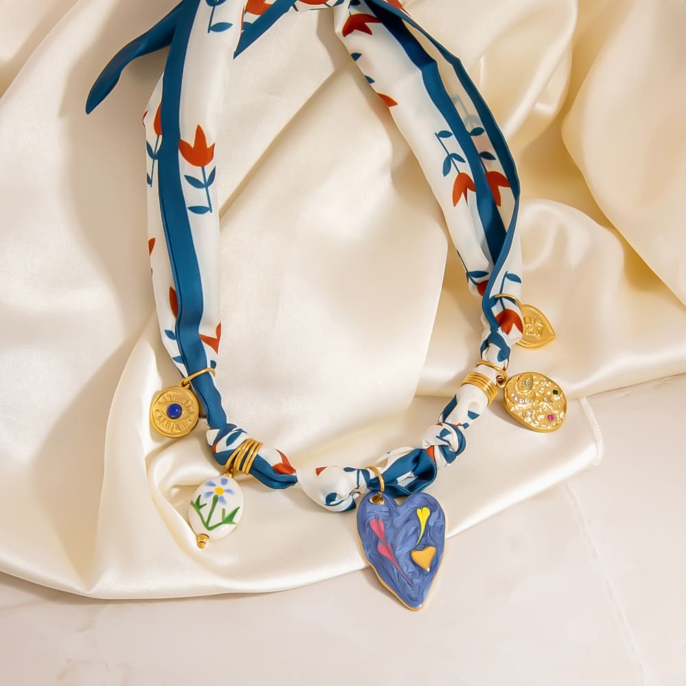 Statement Scarf Necklace – Printed Silk Chain with Heart & Pendant Charms