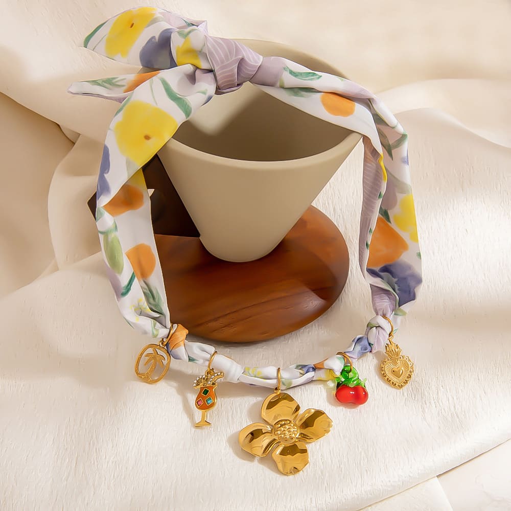 Lightweight Scarf Necklace – Tropical Floral & Cocktail Pendant Choker