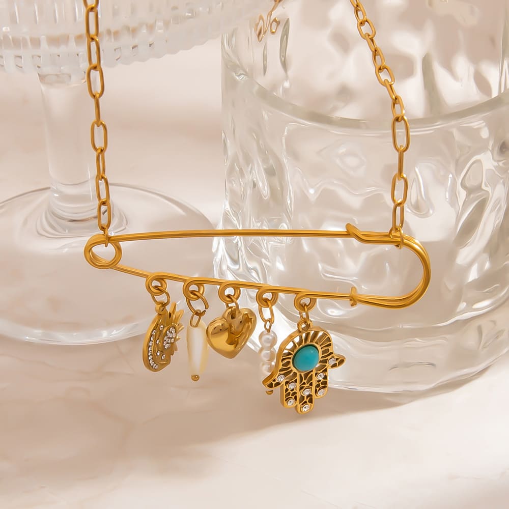 Good Luck Pendant Necklace – Gold Plated Evil Eye, Hand & Pearl Charm