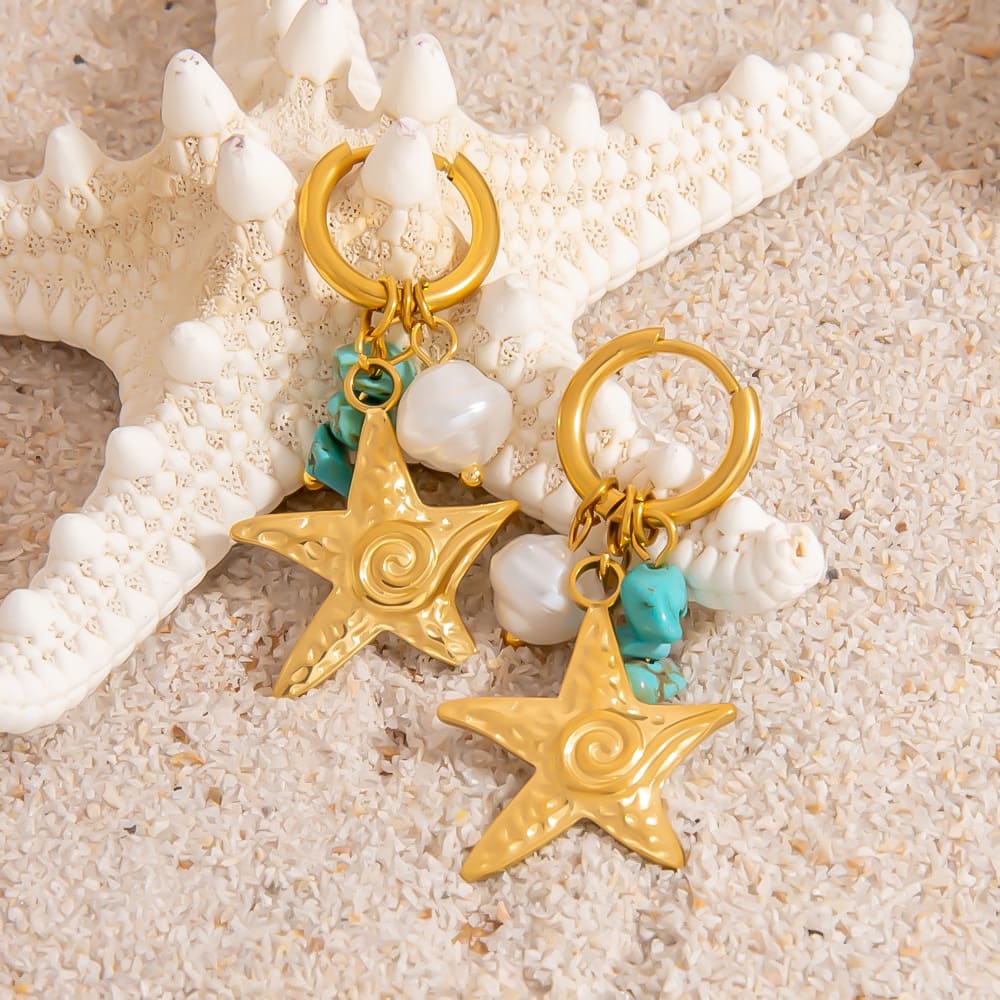 Gold Plated Earring Set – 5-Piece Ocean Style Studs with Pearl & Stone