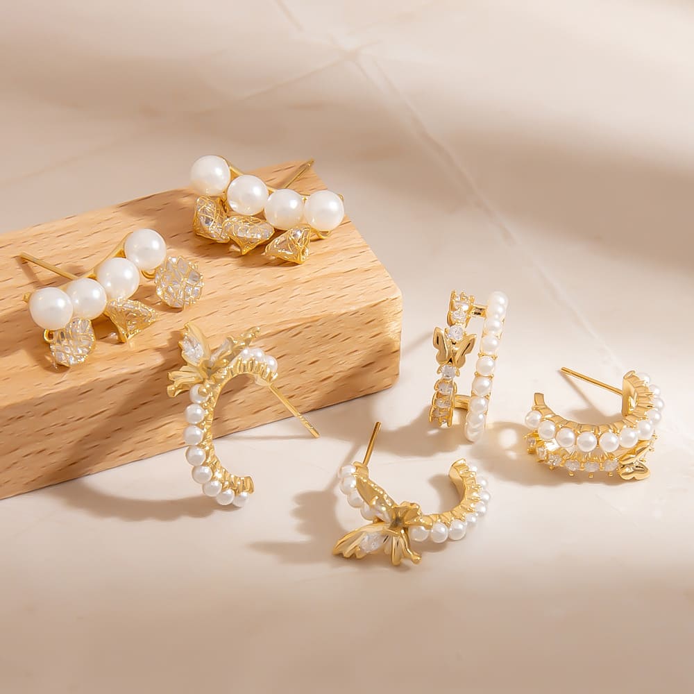 Gold Plated Stud Earrings – 925 Silver Butterfly, Pearl & CZ C-Shape Studs (3 Styles)