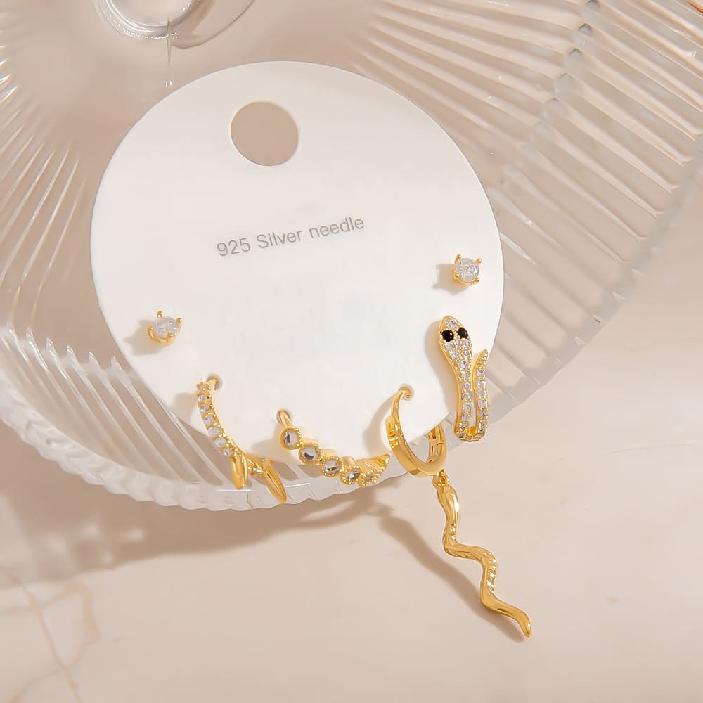 Snake Earrings – Asymmetrical 3-Piece Gold Plated Stud Set with 925 Silver Posts