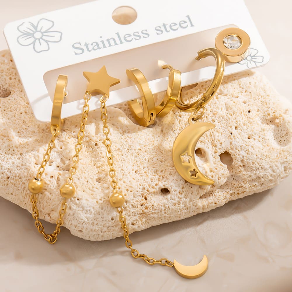 Gold Plated Earring Set – Butterfly, Cross & Pearl Studs with Round Bead & Heart Dangles (3-Piece)