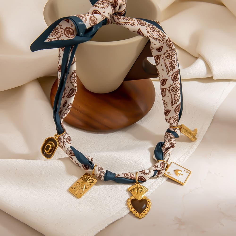 Affordable Bridesmaid Necklace – Printed Scarf Pendant with Heart & Playing Card Charms