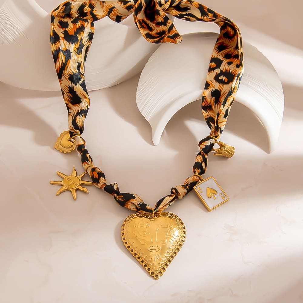 Statement Scarf Necklace – Leopard Print with Heart & Poker Charms