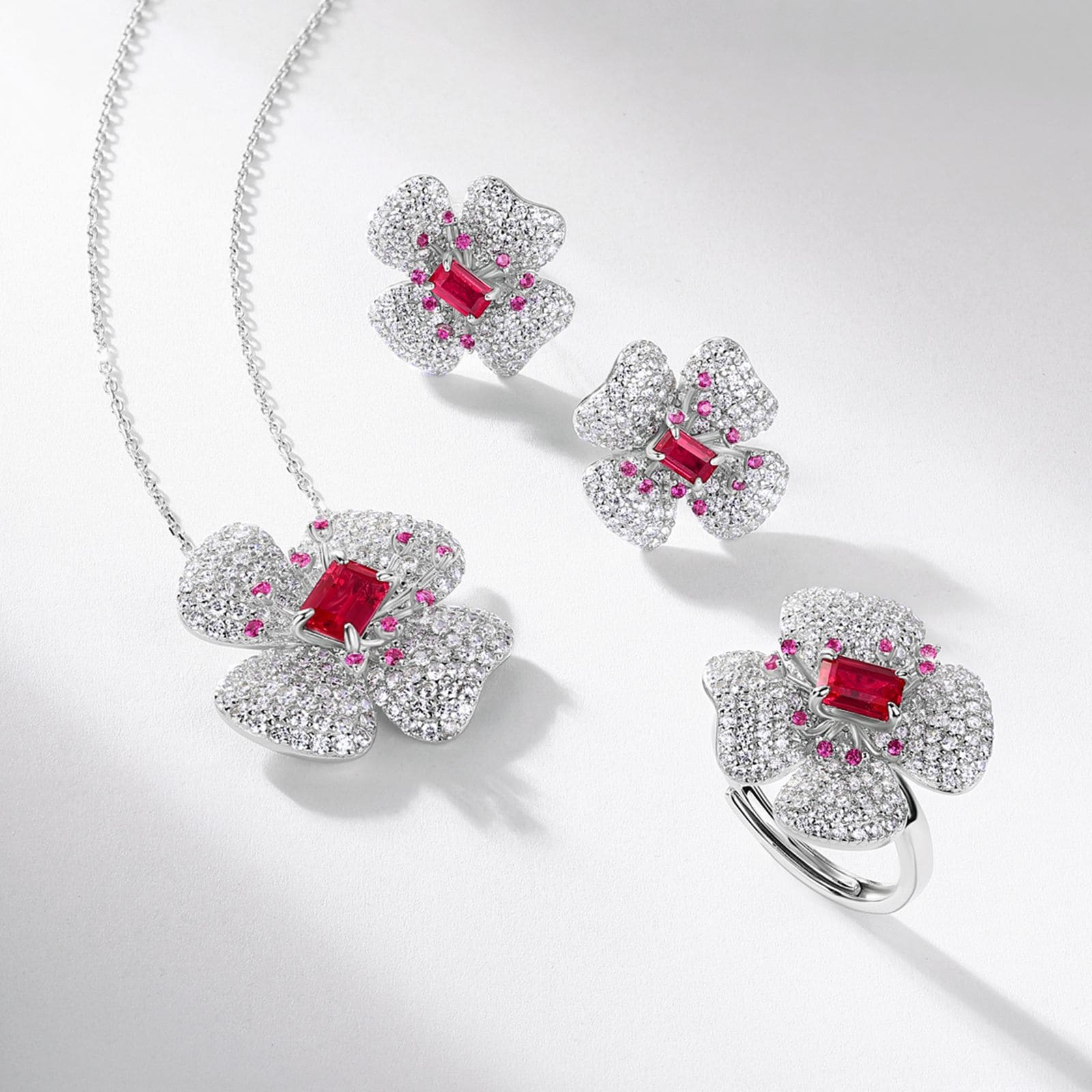 Four-Leaf Petal Lab Created Gemstone Earrings S925 Sterling Silver with Sapphire