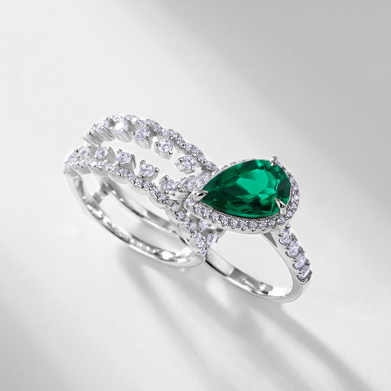 Teardrop Ring – S925 Silver Lab Created Emerald Stacking Jewelry