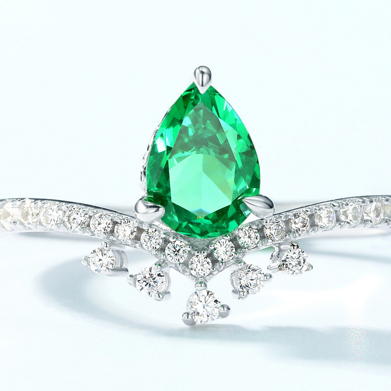Pear Shaped Gemstone Ring – S925 Silver Lab Emerald Crown Ring