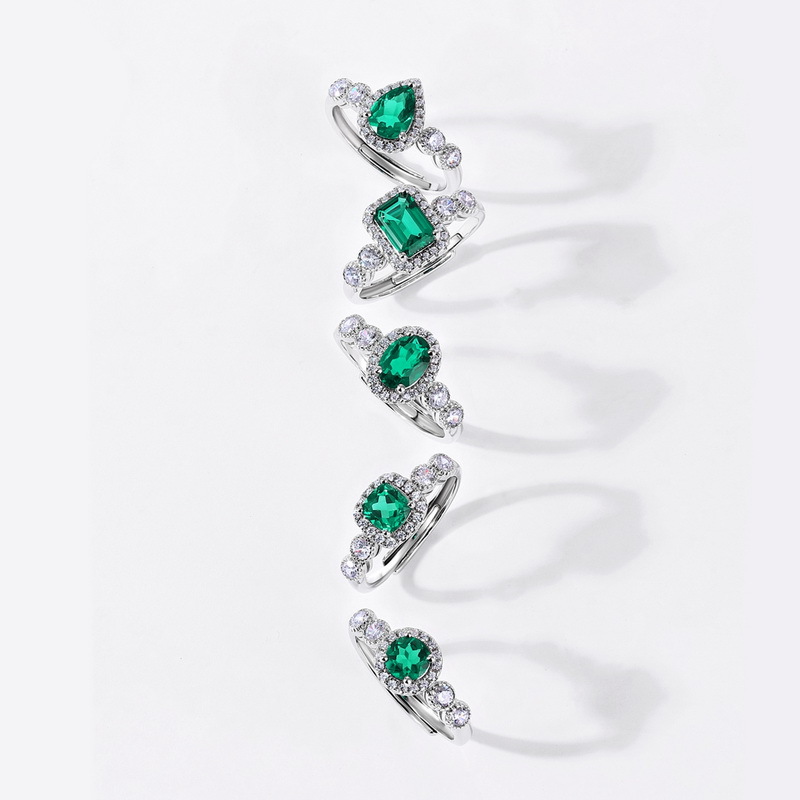 Pear Shaped Three Stone Ring – S925 Silver Lab Emerald Open Band