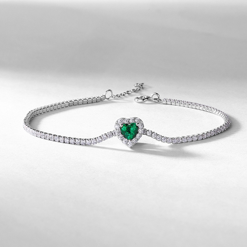 Emerald Bead Bracelet – S925 Silver Heart Lab-Created Emerald Jewelry