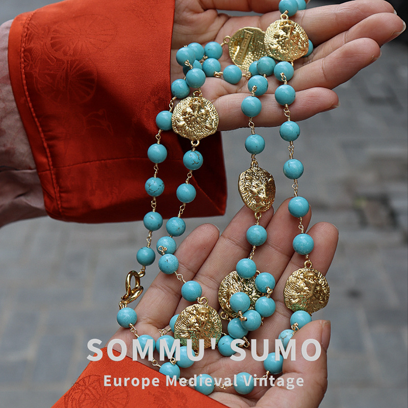 Pendant Necklace – Vintage Double-Sided Lion & Turquoise Long Statement Jewelry