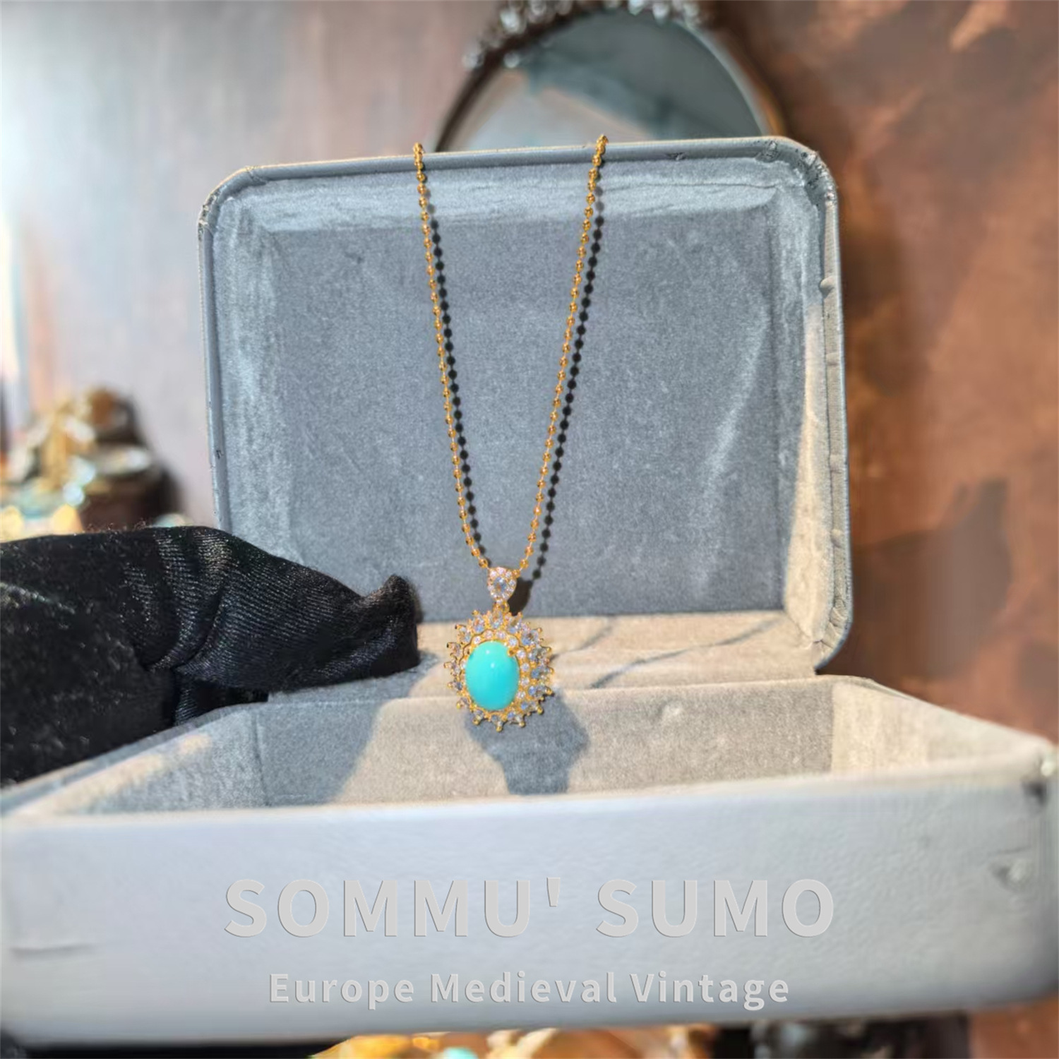 Pendant Necklace and Ring-Inspired Turquoise Vintage Jewelry Set – Necklace & Earrings