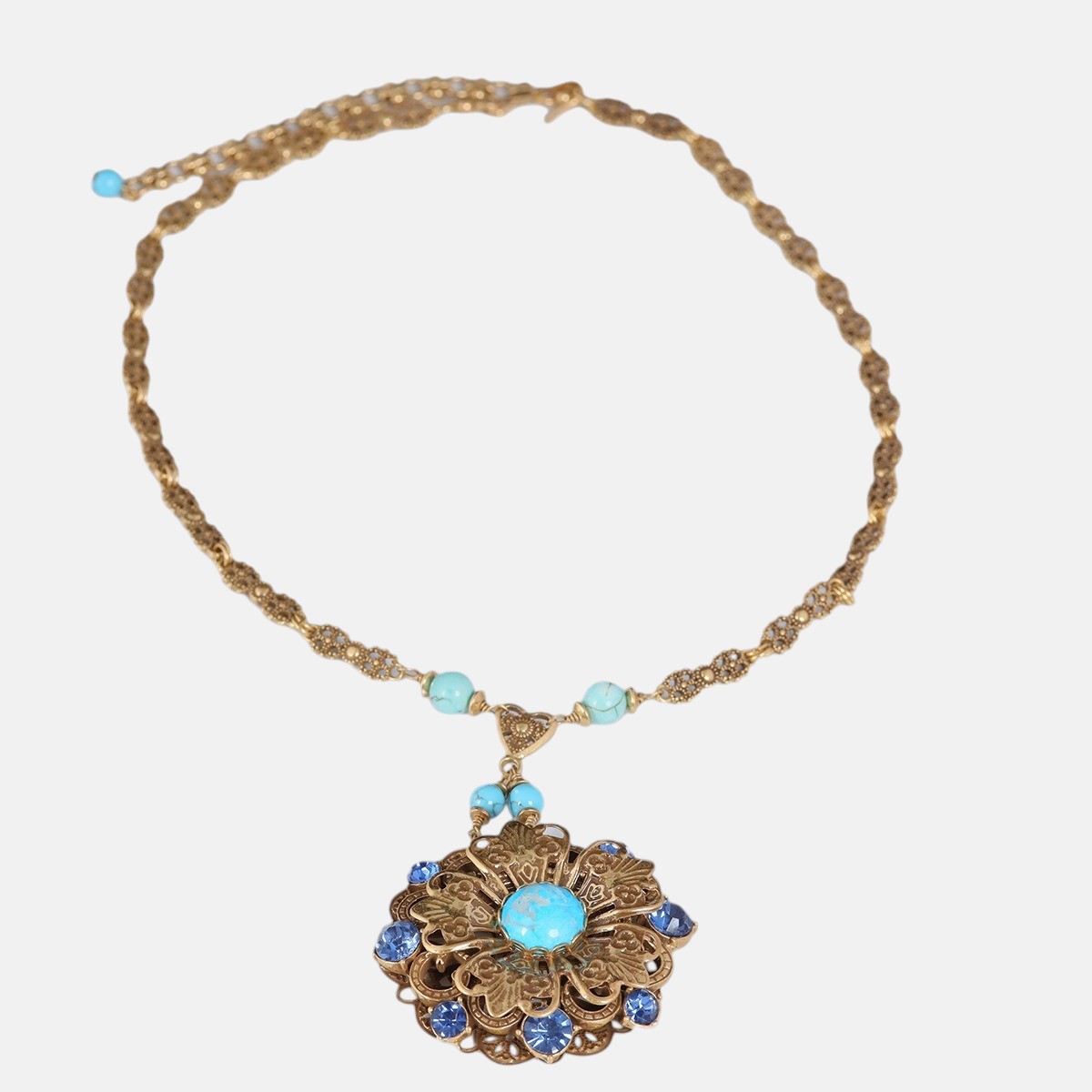 Pendant Necklace – Vintage Gold-Tone Turquoise Flower Statement Jewelry