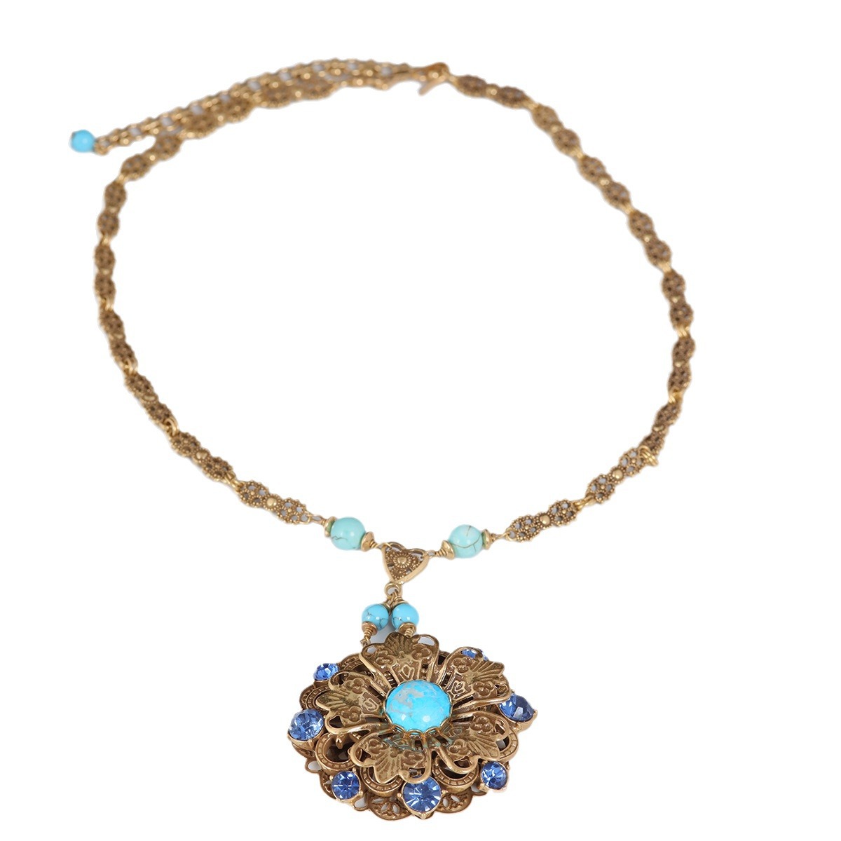 Pendant Necklace – Vintage Gold-Tone Turquoise Flower Statement Jewelry