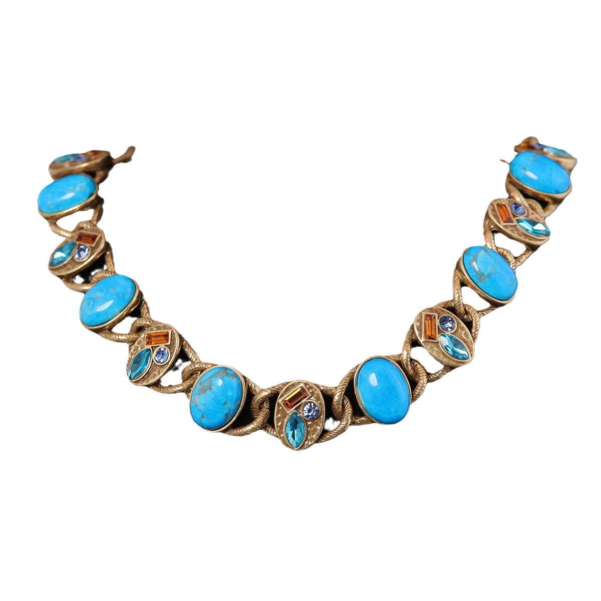 Pendant Necklace – Vintage Gold-Tone Turquoise & Crystal Inlaid Statement Jewelry
