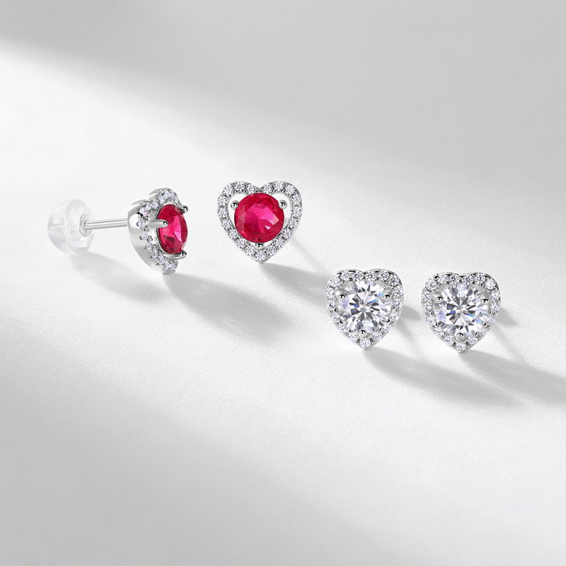 Ruby Stud Earrings - 925 Sterling Silver  Paved Heart Design