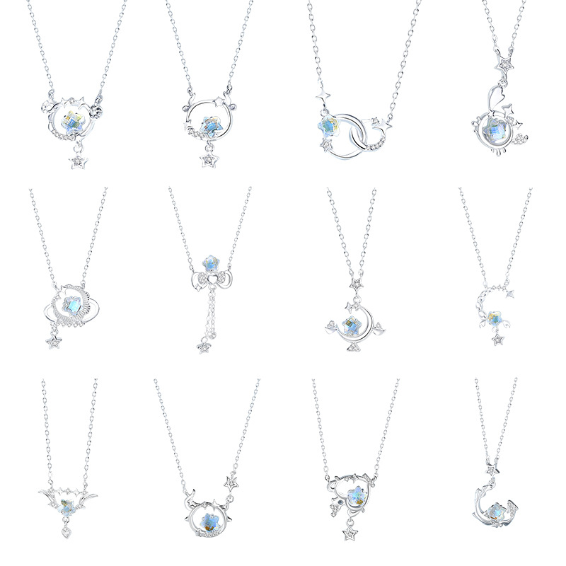 Zodiac Necklace – S925 Sterling Silver Star & Moon Moonstone Pendant