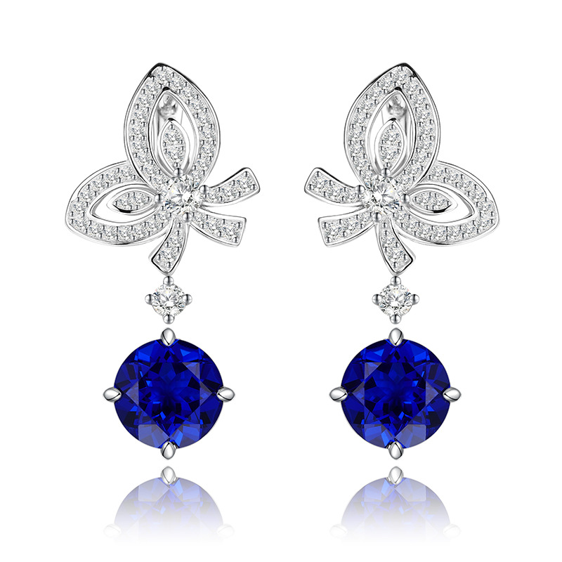 Sapphire Earrings-S925 Silver Tanzanite & Aquamarine Bow Drop Sapphire Earrings