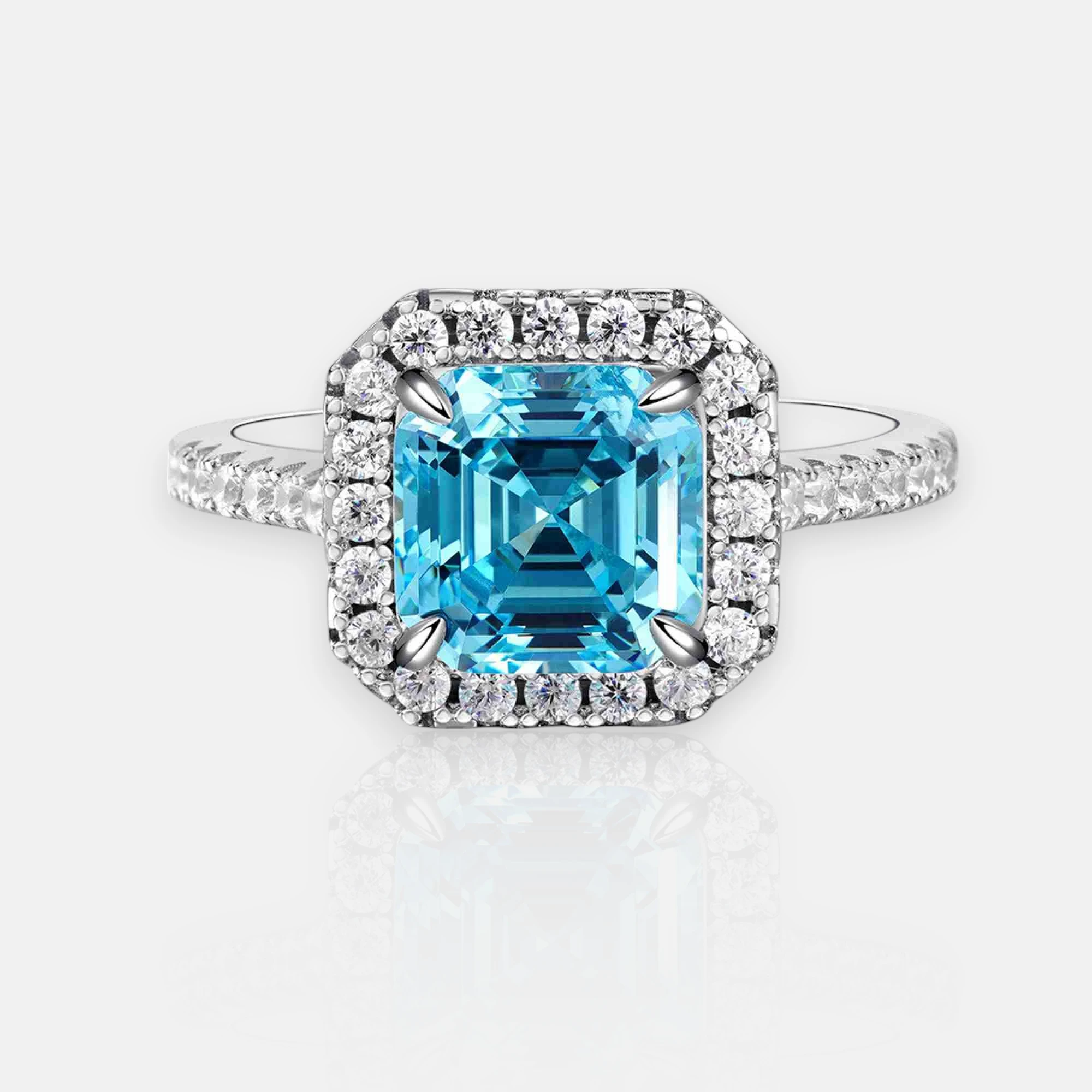 Aquamarine Engagement Ring – Asscher Cut CZ Halo Ring in S925 Sterling Silver