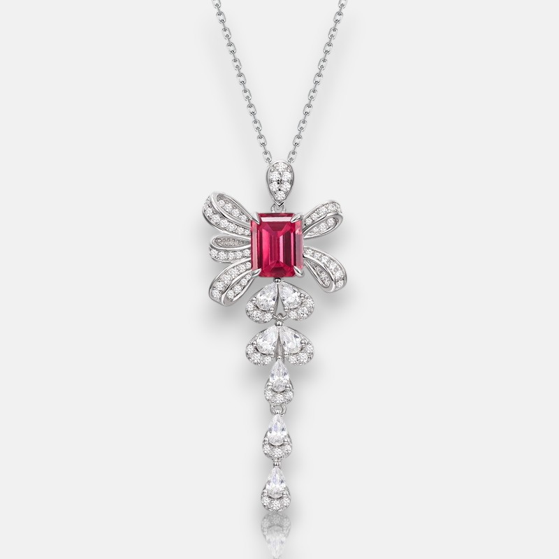 Silver Tassel Necklace – Ruby Bow Pendant in S925 Sterling with Elegant Drape