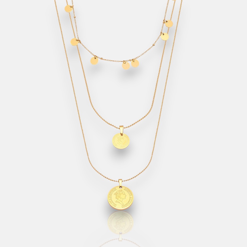 Layered Necklace – 18K Gold Queen Coin Pendant Multi-Strand Chain | Blingku