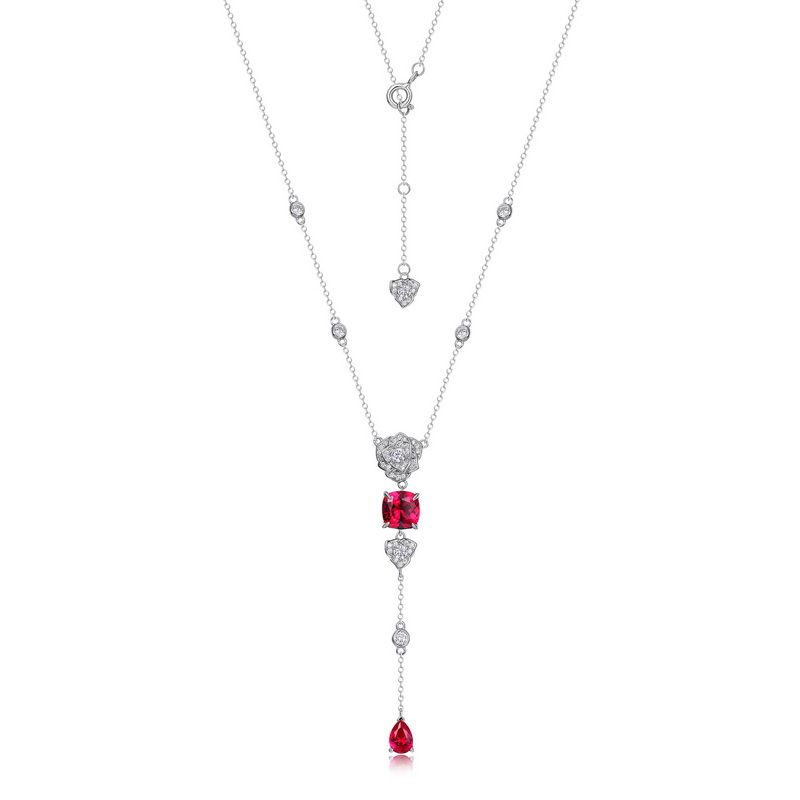 Simulation Rose Flower Cultured Ruby Long Necklace | S925 Silver with Colorful Gemstones