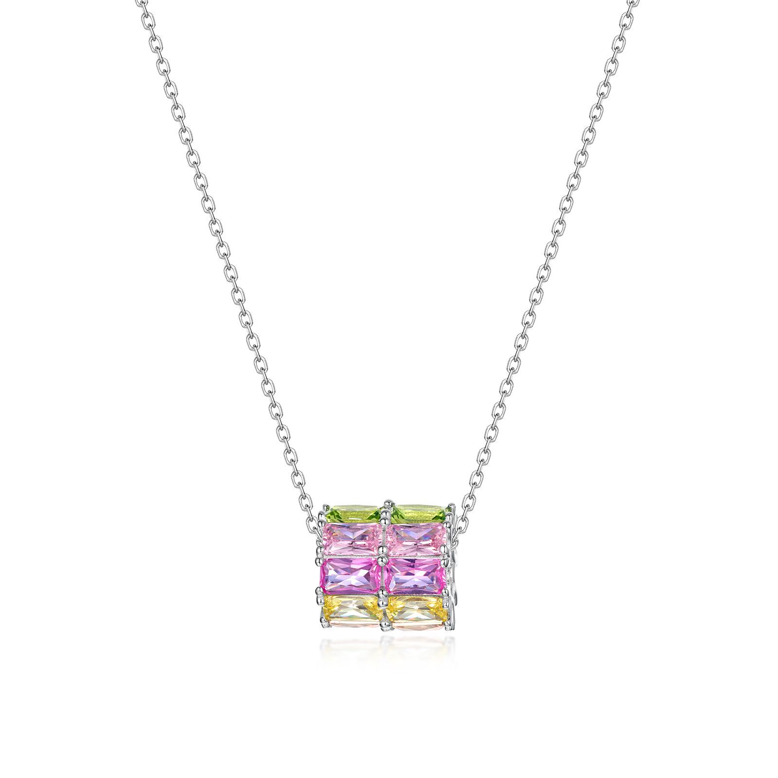 Personalized Jewelry – S925 Sterling Silver Geometric Rainbow CZ Pendant Necklace for Women