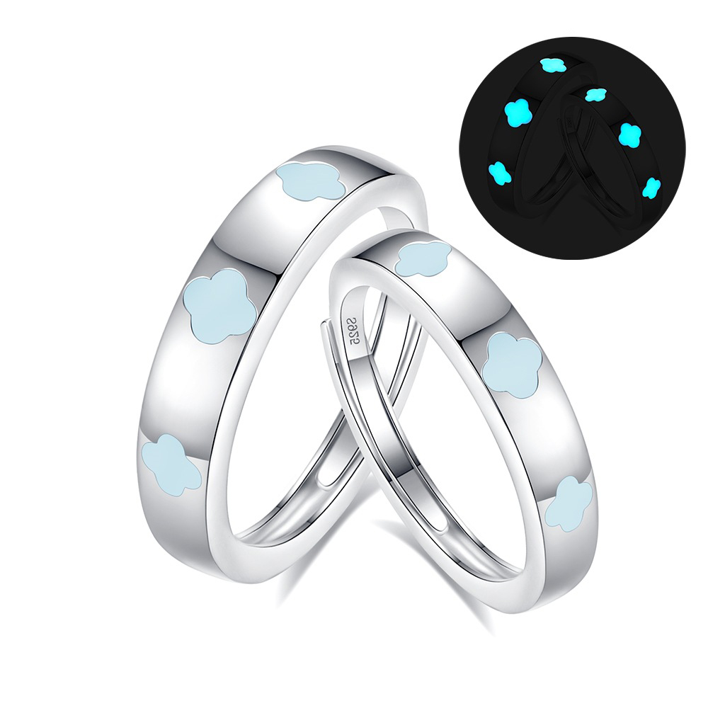 Glow in the dark lucky clover couple rings in sterling silver