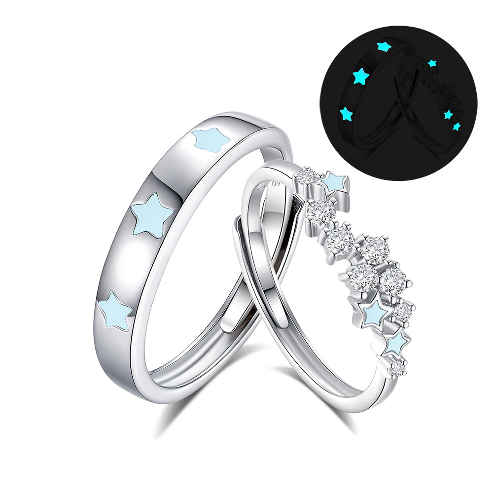 Glow in the dark couple rings with starry silver band design