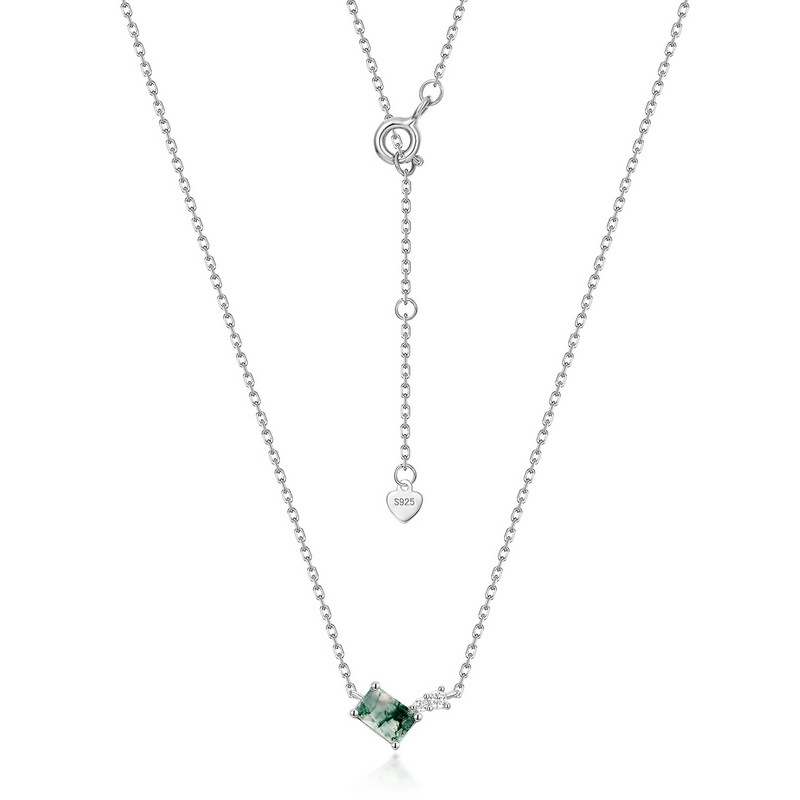 Geometric Moss Agate Necklace | S925 Sterling Silver Green Gem Choker – June Birthstone