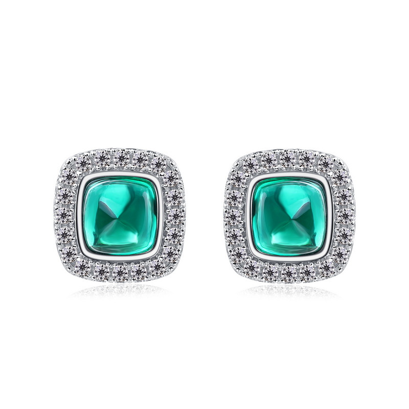 Emerald Cut Emerald Earrings – Square Halo Studs in S925 Silver | BlingKu