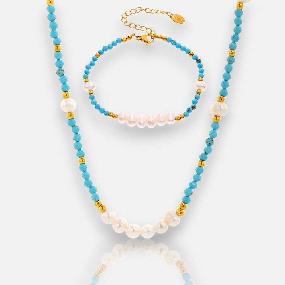 Stacked Necklaces – Turquoise & Freshwater Pearl Natural Gemstone Necklace | Blingku