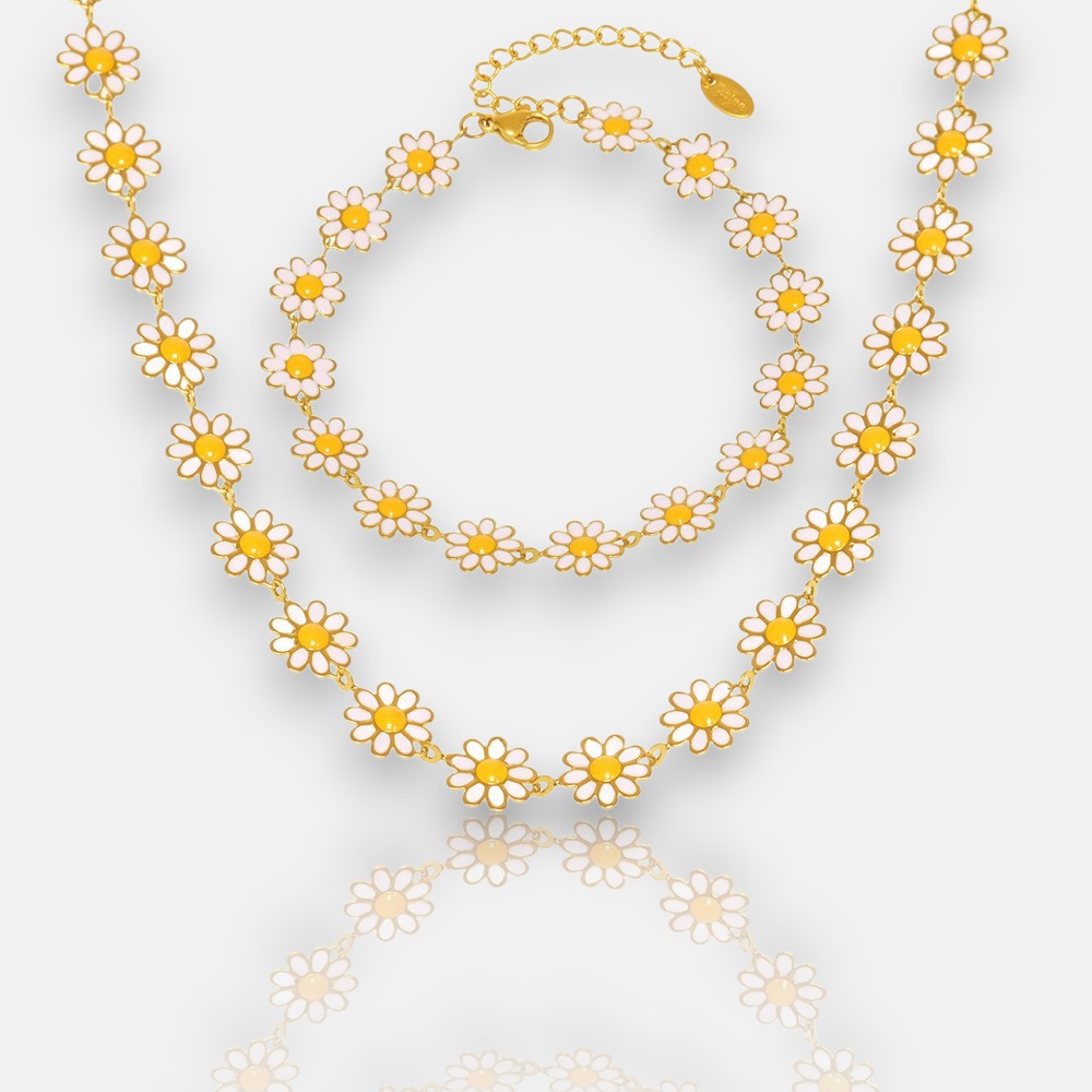 Daisy Flower Necklace Bracelet Anklet Set | 18K Gold Plated Jewelry