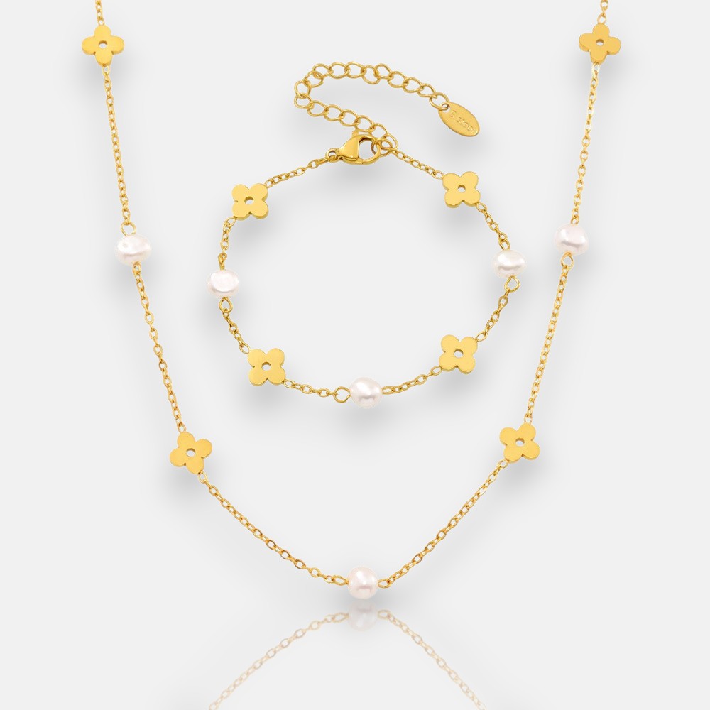 Floral Pearl Chain Necklace Set | 18K Gold Personalized Jewelry for Women