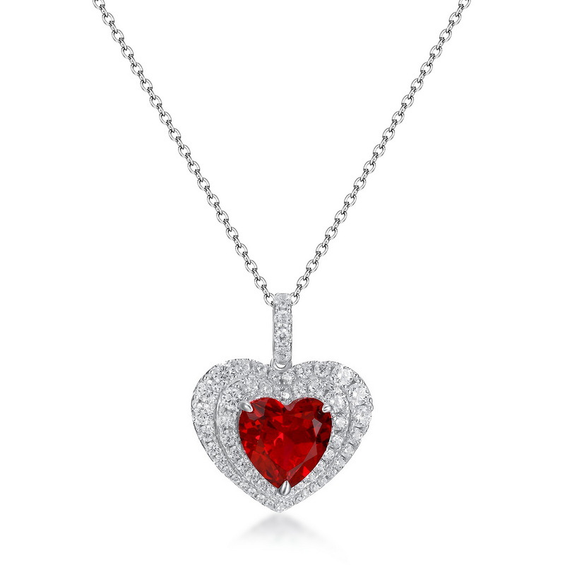 Women’s July Birthstone Necklace – S925 Silver Heart Pendant with Lab-Created Ruby