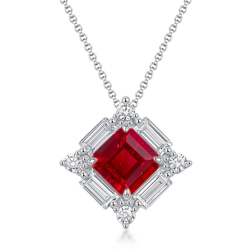 Ruby Necklace – Geometric Lab-Created Ruby Pendant in S925 Silver