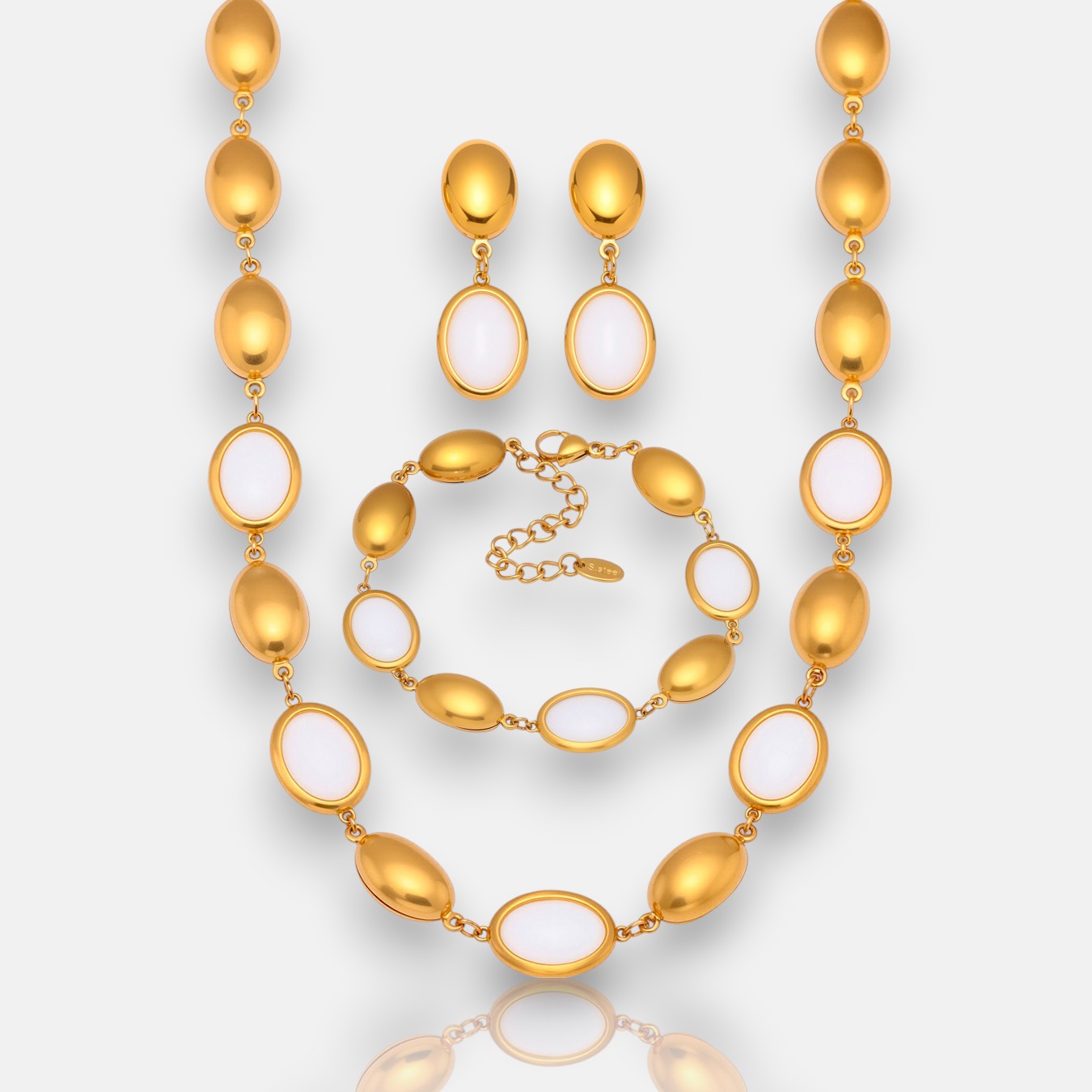 Gold Layered Necklace Set with Natural Oval Opal – 18K Stainless Steel Jewelry