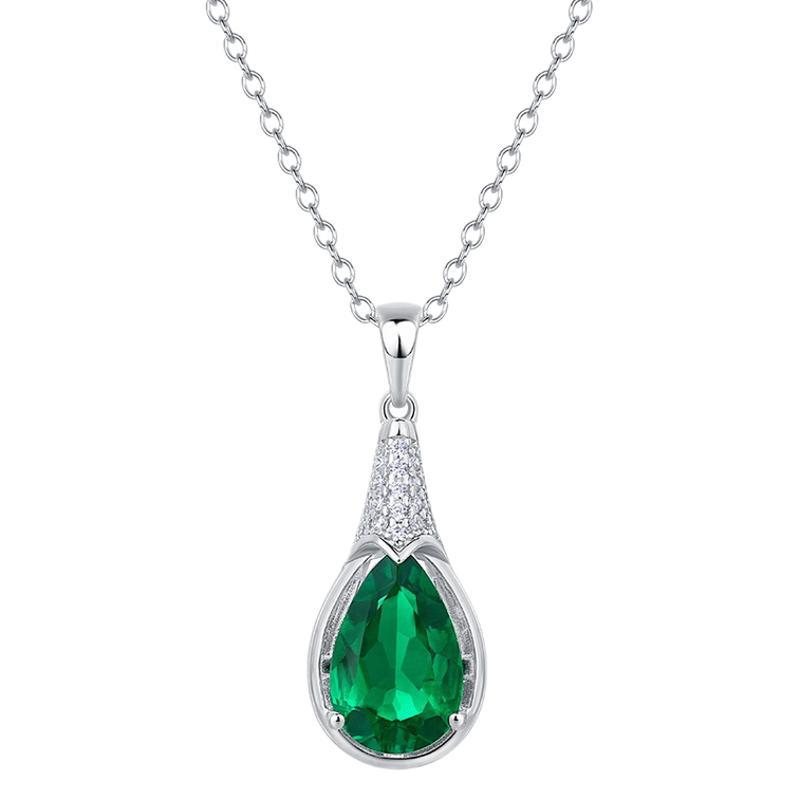 Teardrop Emerald Silver Necklace – S925 with Cultured Gemstone Pendant